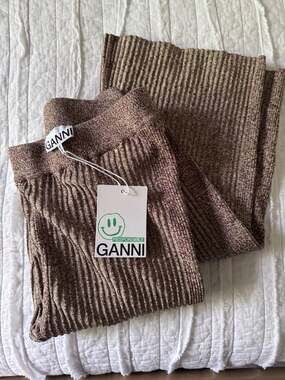 GANNI Brandy Brown Melange Ribbed Knit Straight Leg Pants